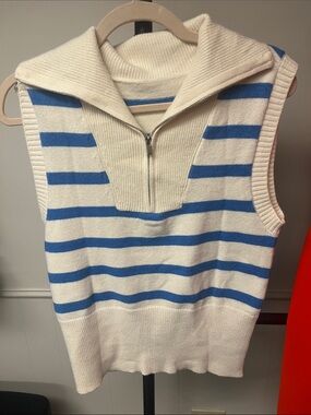 Cream and Blue Striped Sleeveless Zip-Knit Sweater